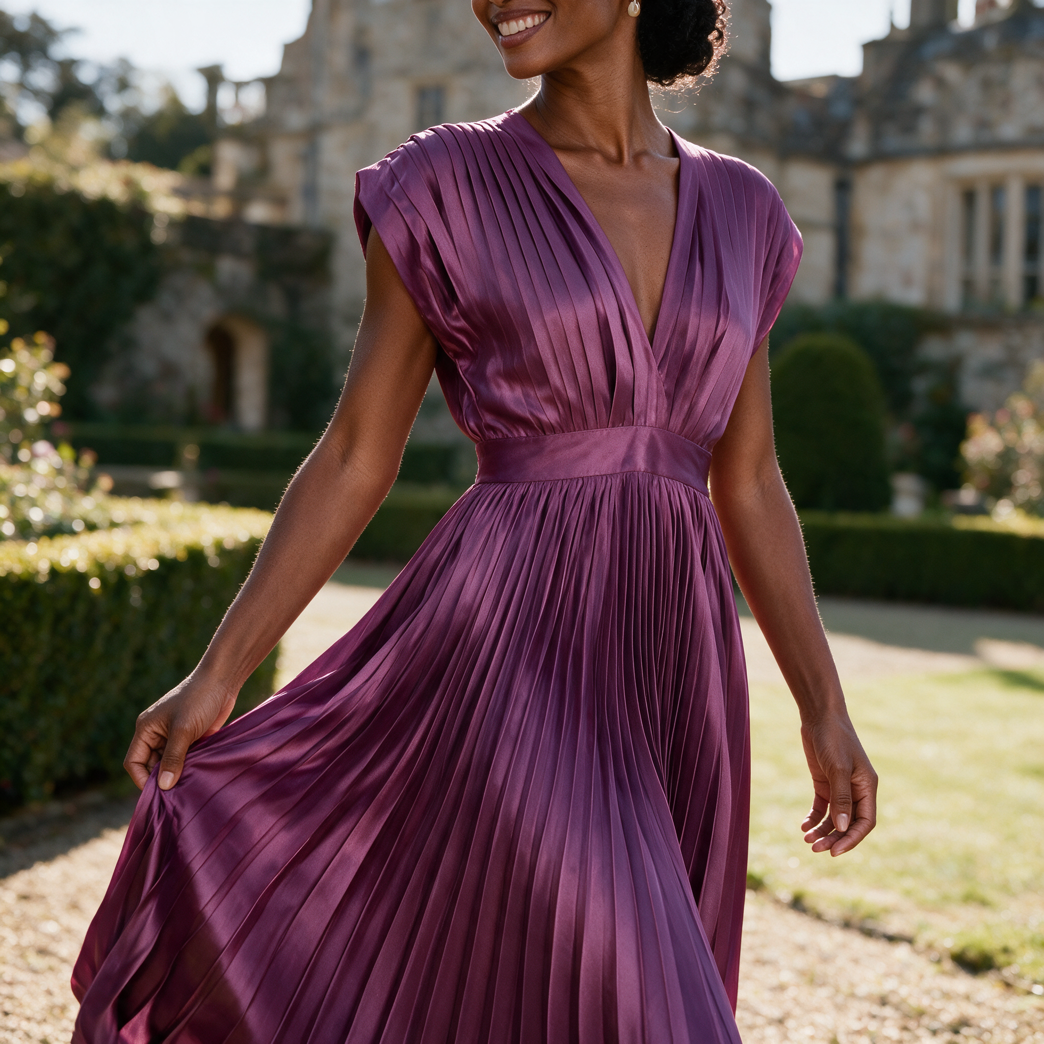 Womens wedding guest dress in plum, pleated V neck maxi with cap sleeves, worn at an estate garden wedding