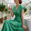 Womens wedding guest dress in green, pleated V neck maxi with cap sleeves, worn at a garden orangery wedding
