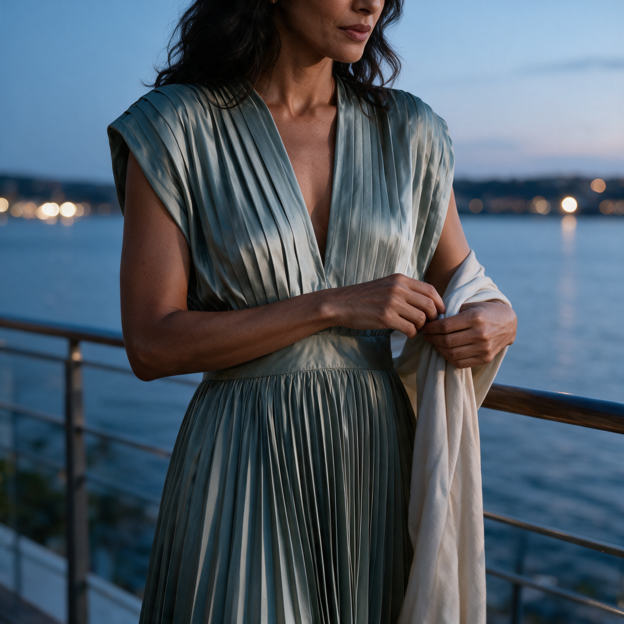 Womens wedding guest dress in silver sage, pleated V neck maxi with cap sleeves, worn at a waterfront terrace