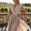 Womens wedding guest dress in champagne, pleated V neck maxi with cap sleeves, worn at a vineyard terrace