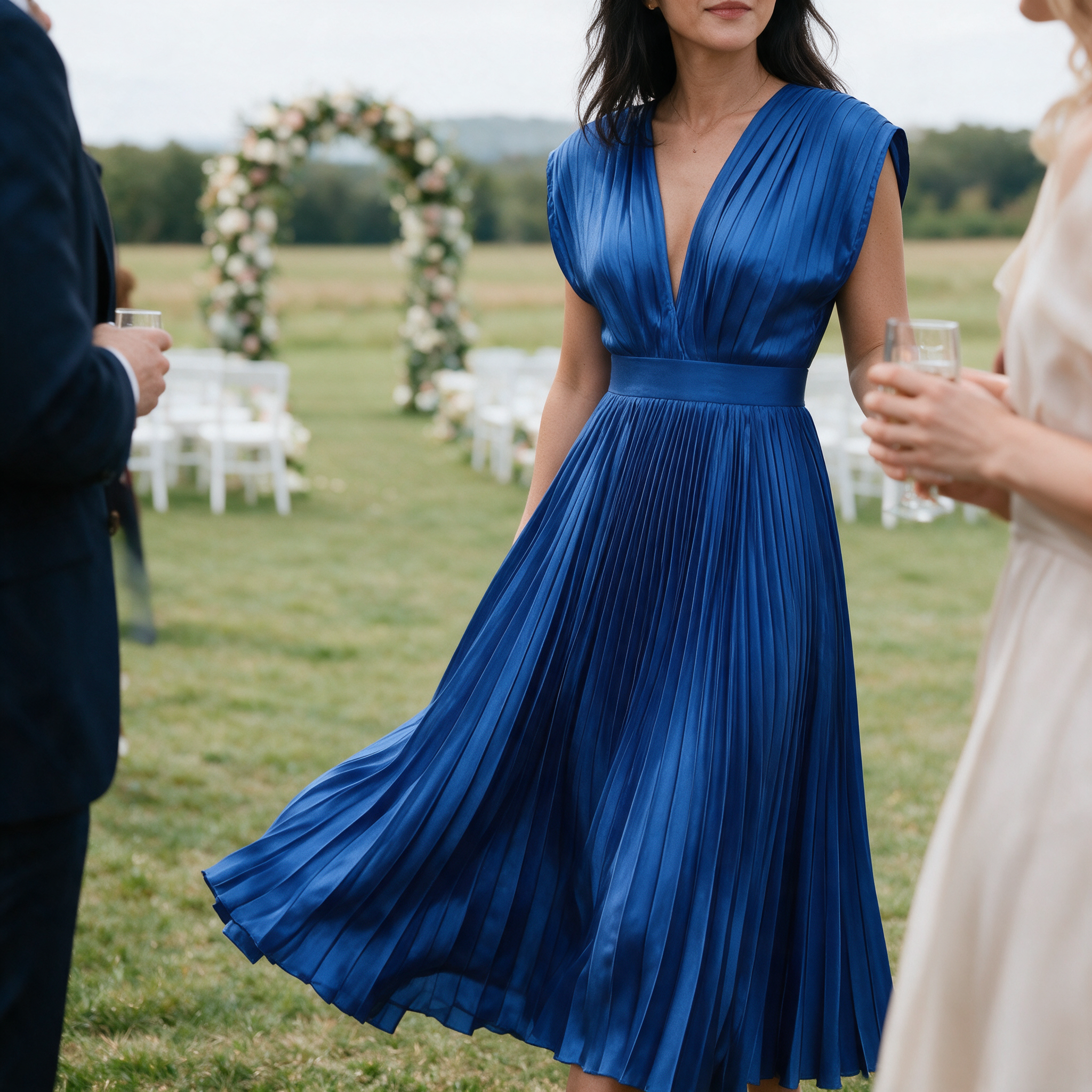 Womens wedding guest dress in blue, pleated V neck maxi with cap sleeves, worn at an outdoor lawn ceremony