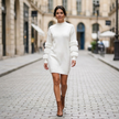 Women's Sweater Dress, Mock Neck Knit Midi Dress, XS-XL