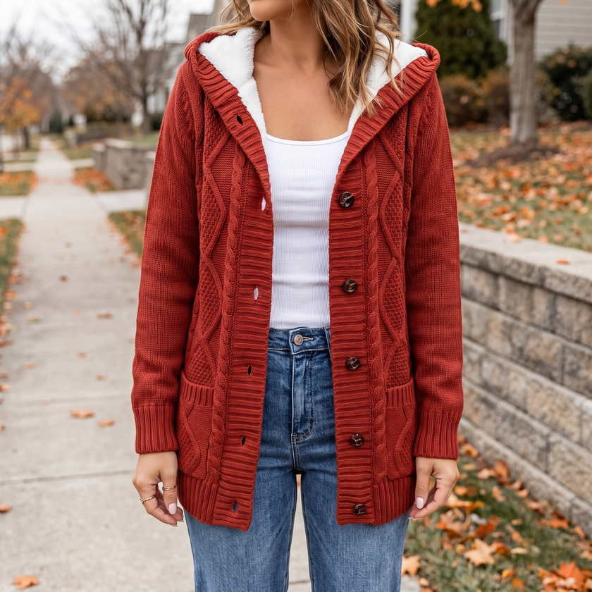 Women's hooded button front cardigan in red, worn open over a white tank