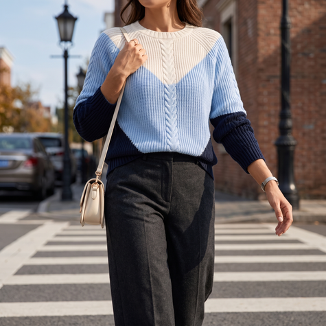 Women's colorblock crew neck sweater in blue, worn with wide leg trousers