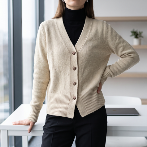 Women's V neck heart button cardigan in light grey