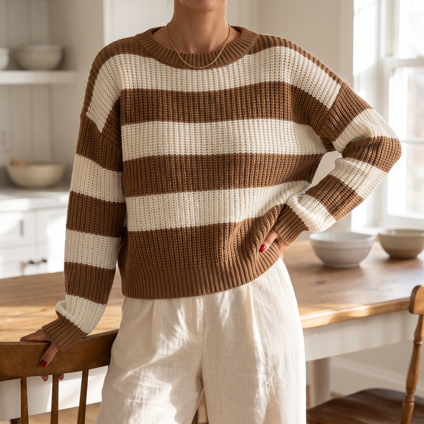 Meredith striped knit sweater in Coffee - lifestyle