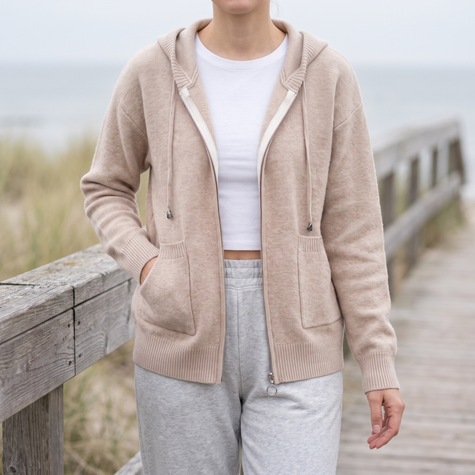 Women's zip up hooded cardigan in apricot