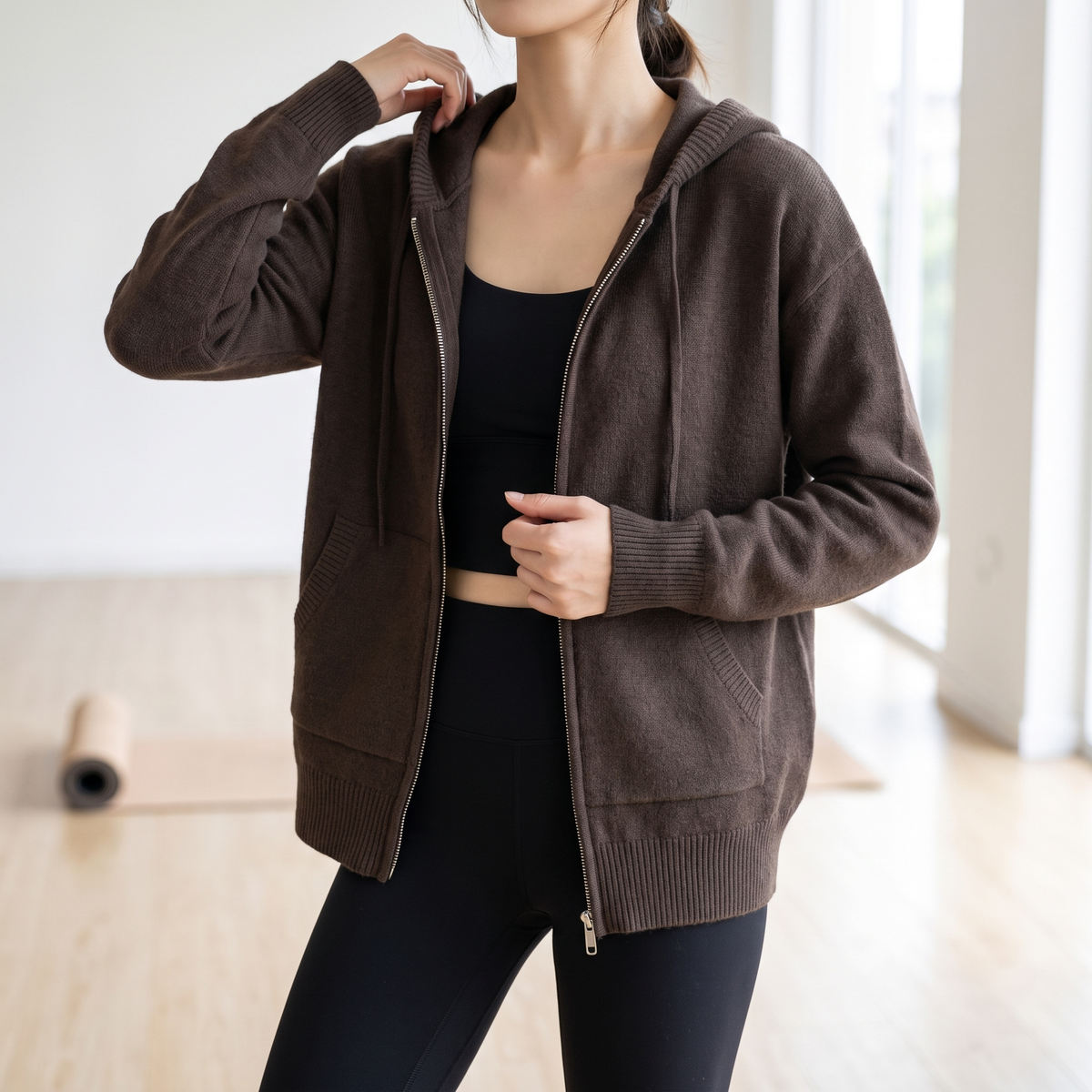 Women's zip up hooded cardigan in coffee