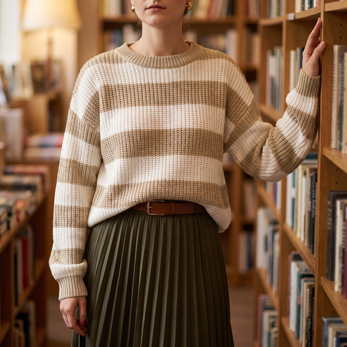 Meredith striped knit sweater in Khaki - lifestyle