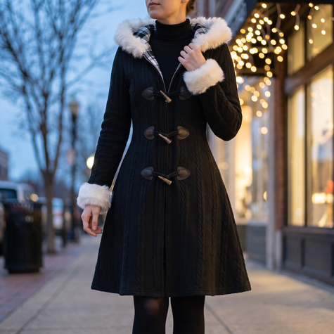 Women's faux fur trim hooded longline coat in black, worn closed