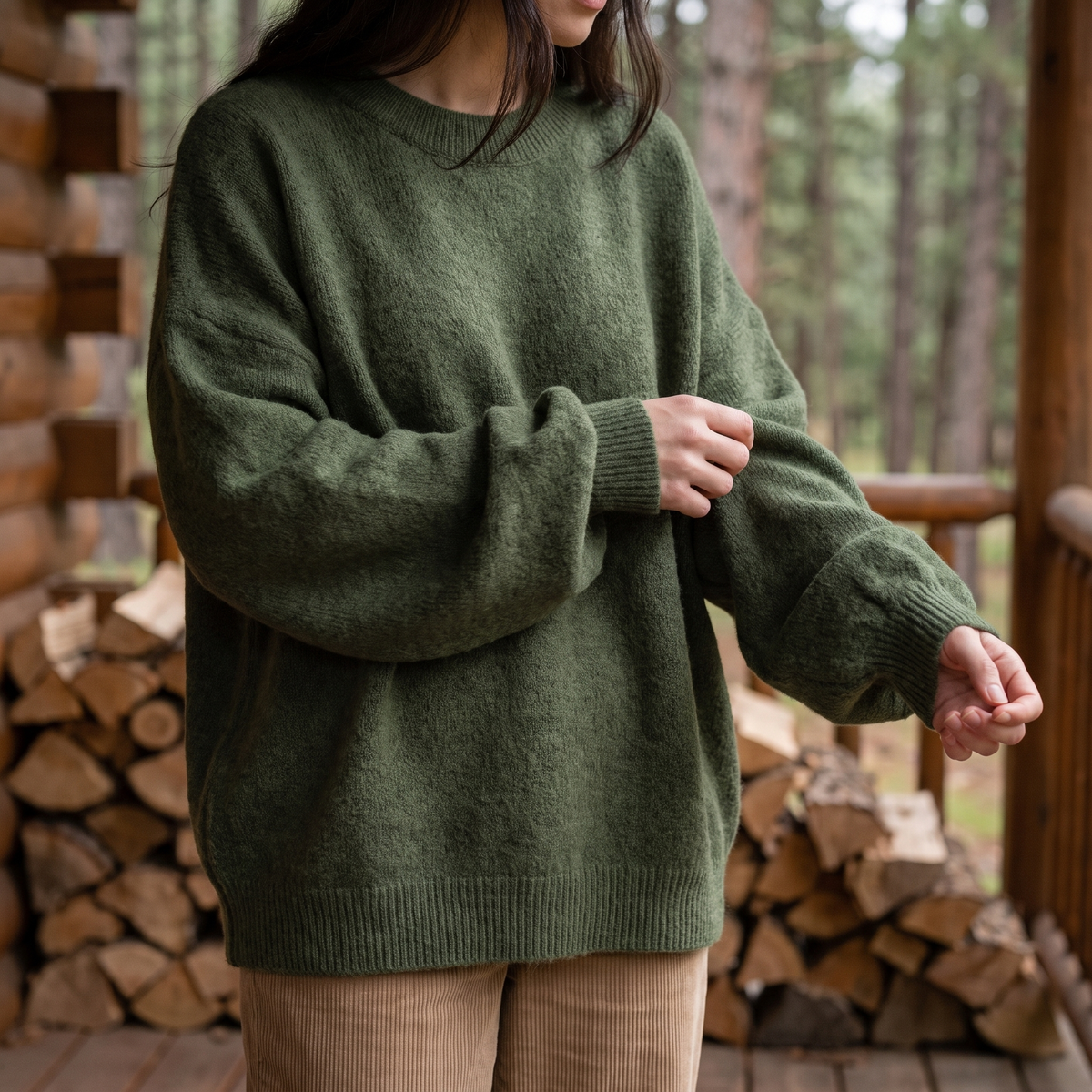 Rachel drop shoulder sweater in Olive Green - lifestyle