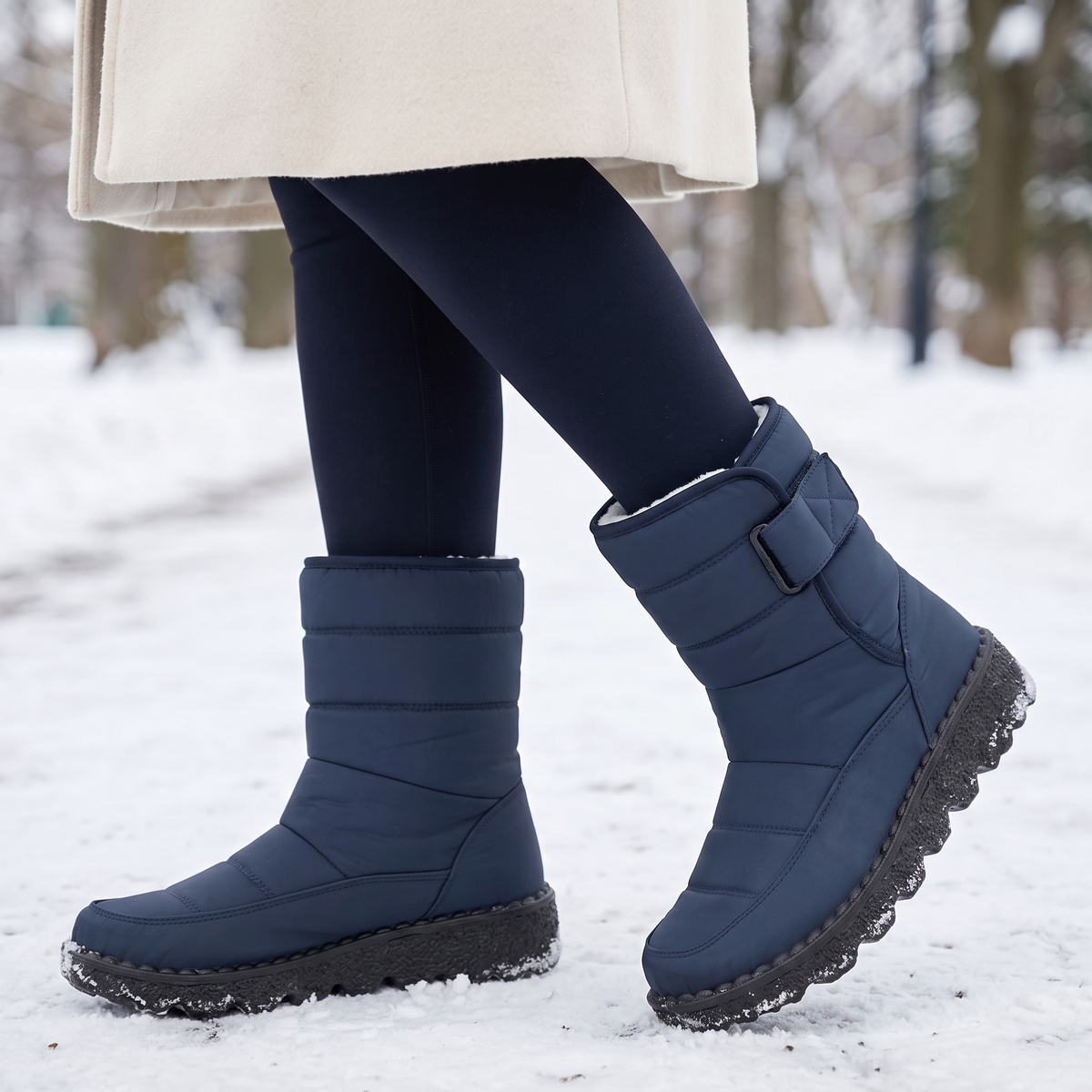 navy waterproof snow boots for women on a snowy park path