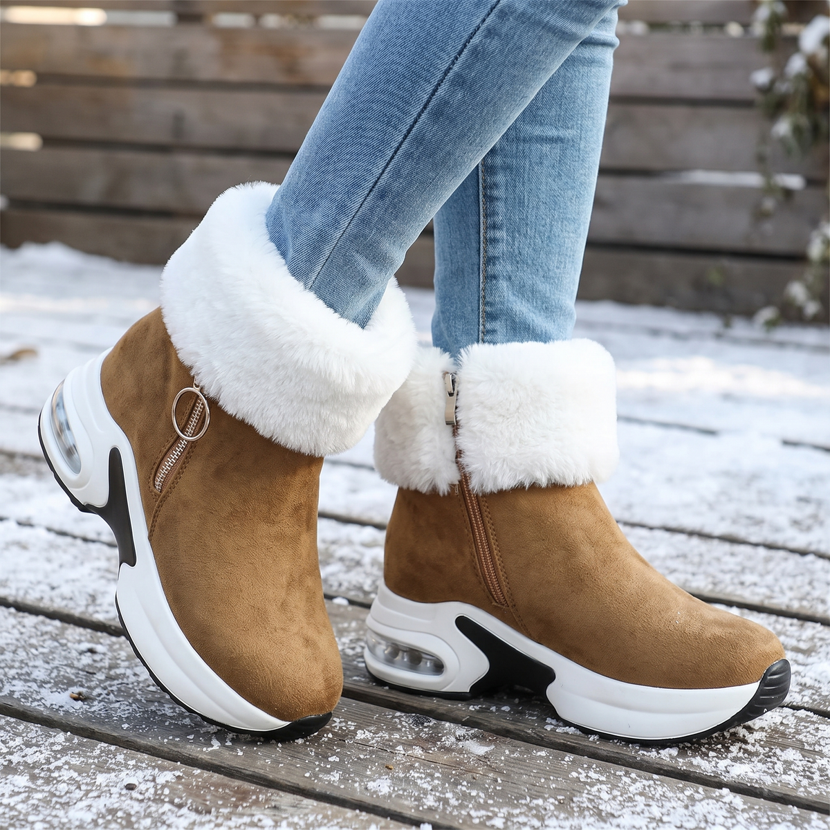 camel fur lined winter ankle boots for women on a snowy deck