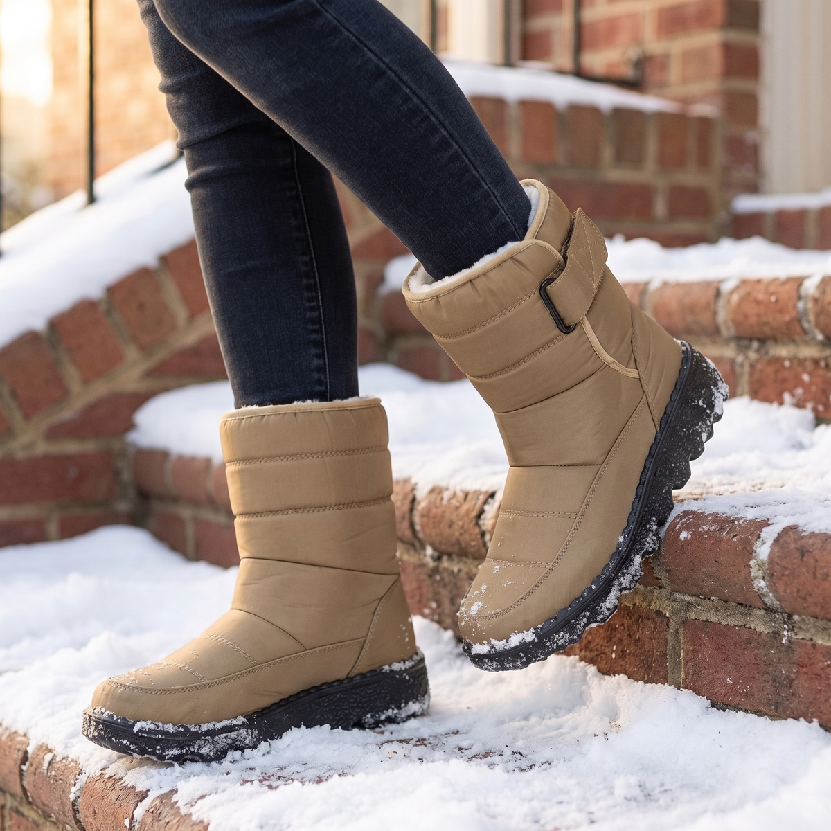 khaki waterproof snow boots for women on snowy brick steps