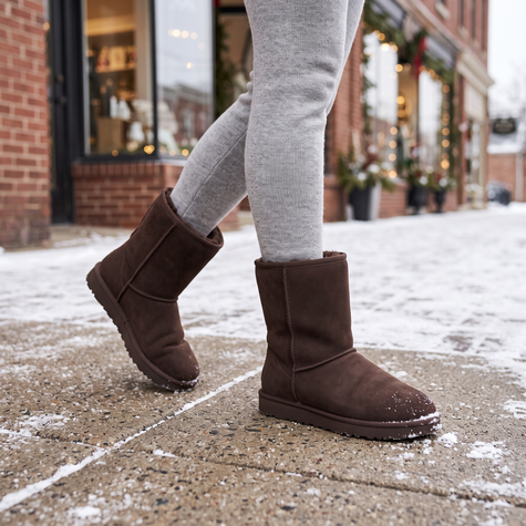 brown sherpa lined winter boots for women on a snowy sidewalk