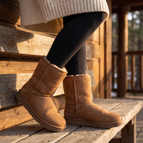 tan sherpa lined winter boots for women on a cabin porch