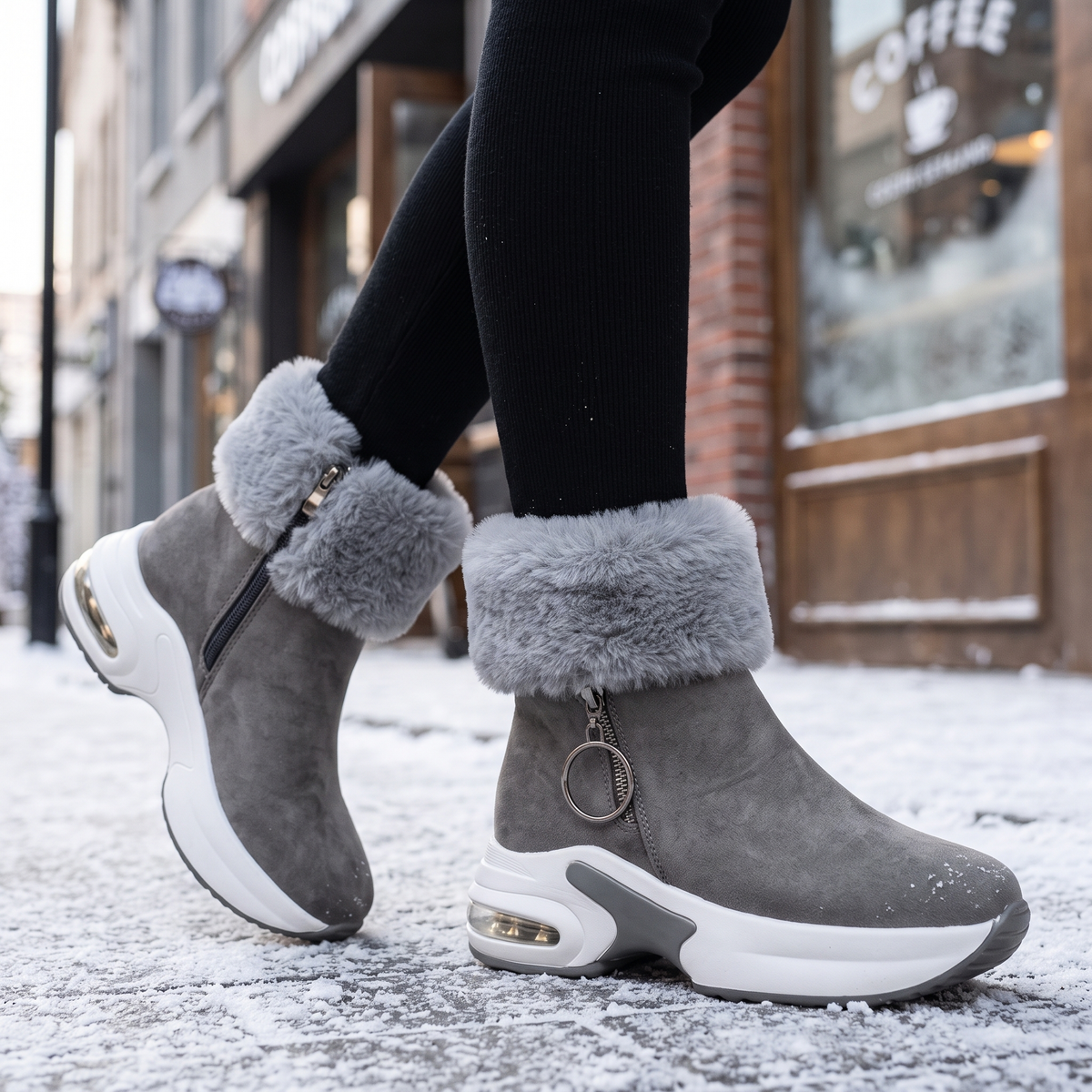 gray fur lined winter ankle boots for women on a snowy sidewalk