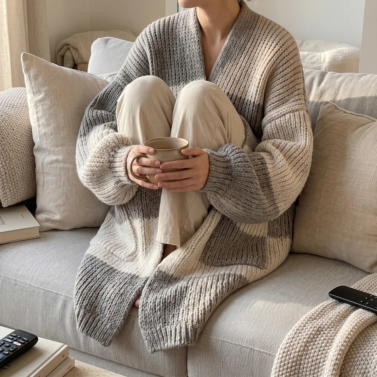 Women's Checkerboard Knit Cardigan, Oversized Longline with Pockets