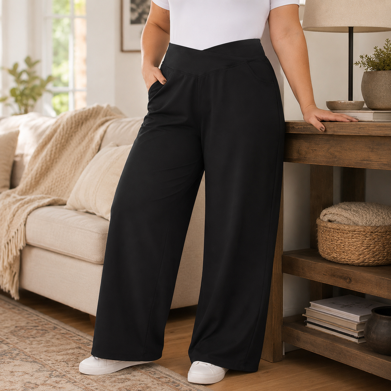 Women's Wide Leg Pants, Crossover High Waist Pull On Trousers, 1X-6X