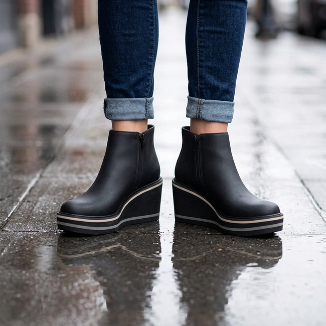 Black waterproof ankle boots worn on a wet city sidewalk