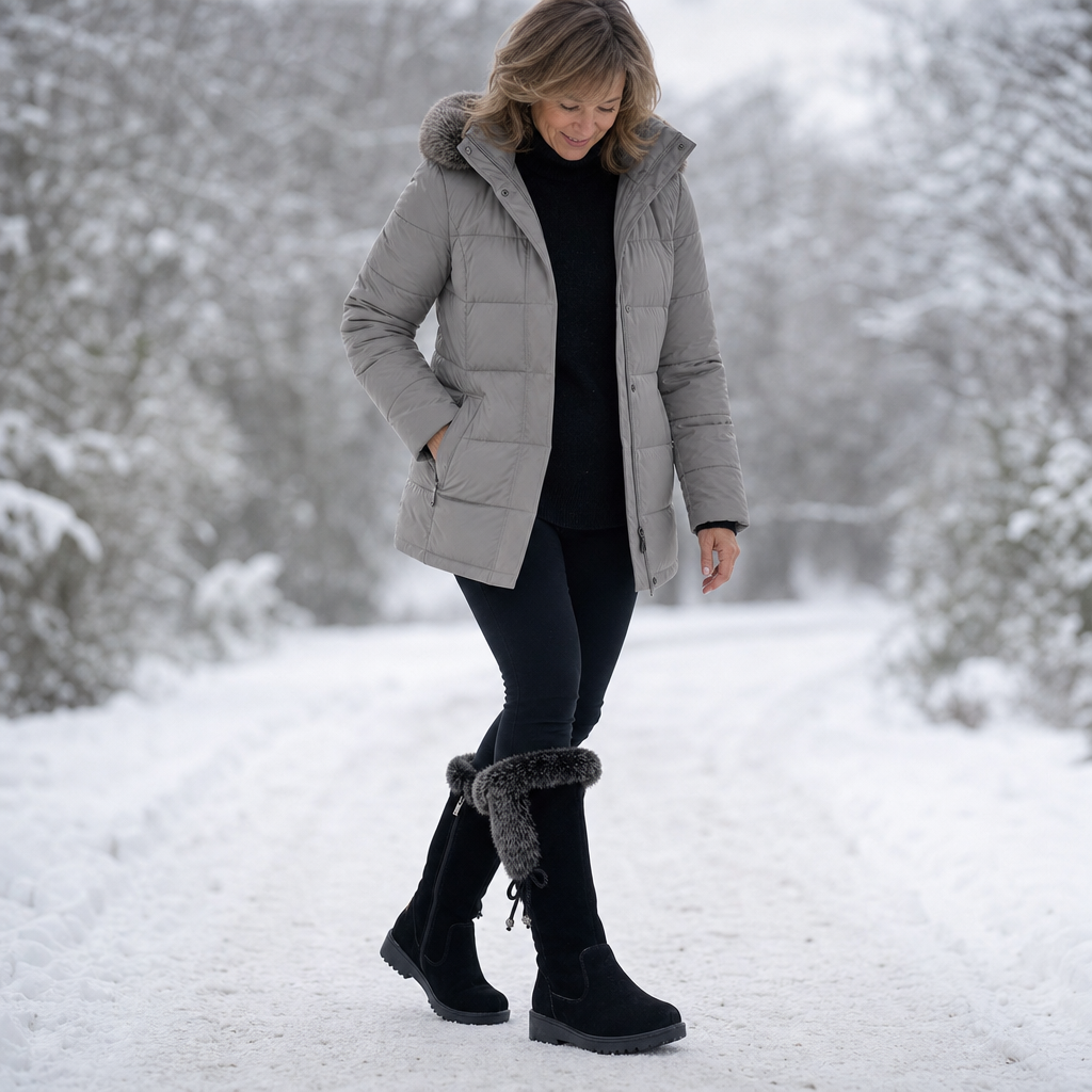 black fur boots for women, fleece lined mid calf winter boots