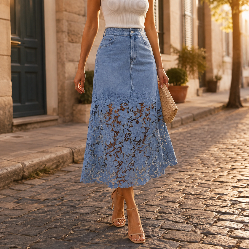 Lace Hem Denim Maxi Skirt