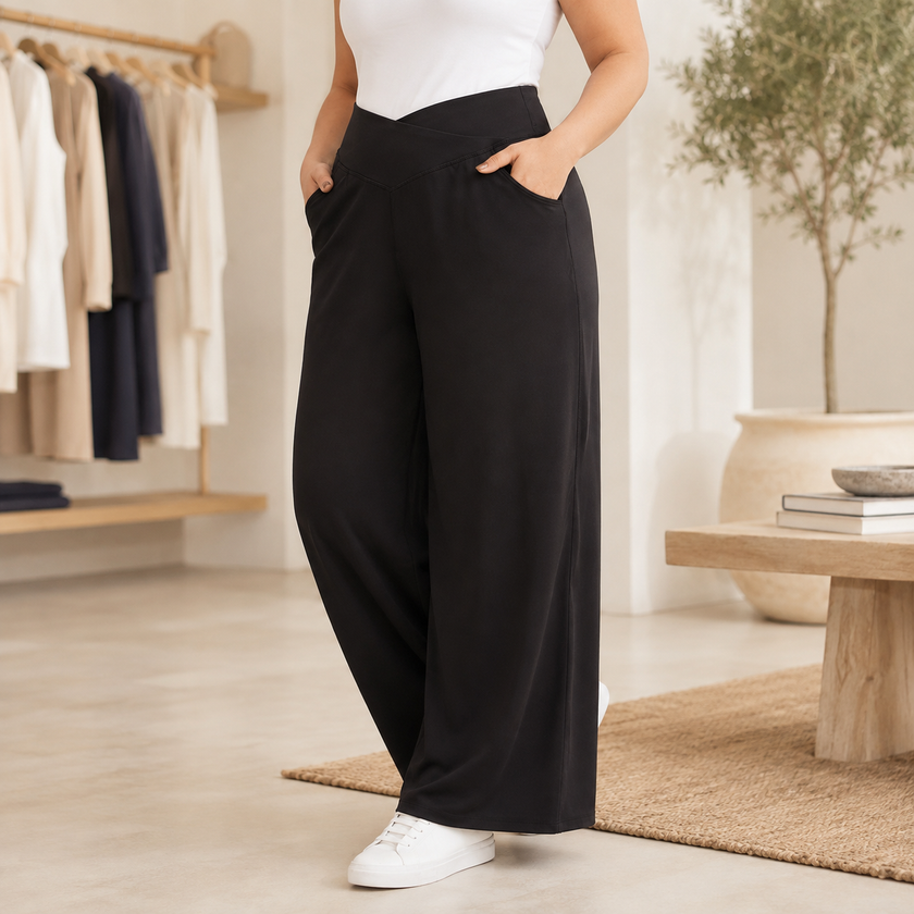 Women's Wide Leg Pants, Crossover High Waist Pull On Trousers, 1X-6X