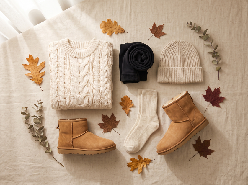 Overhead autumn wardrobe flat-lay with cable-knit sweater, fleece-lined leggings, wool beanie, socks and boots