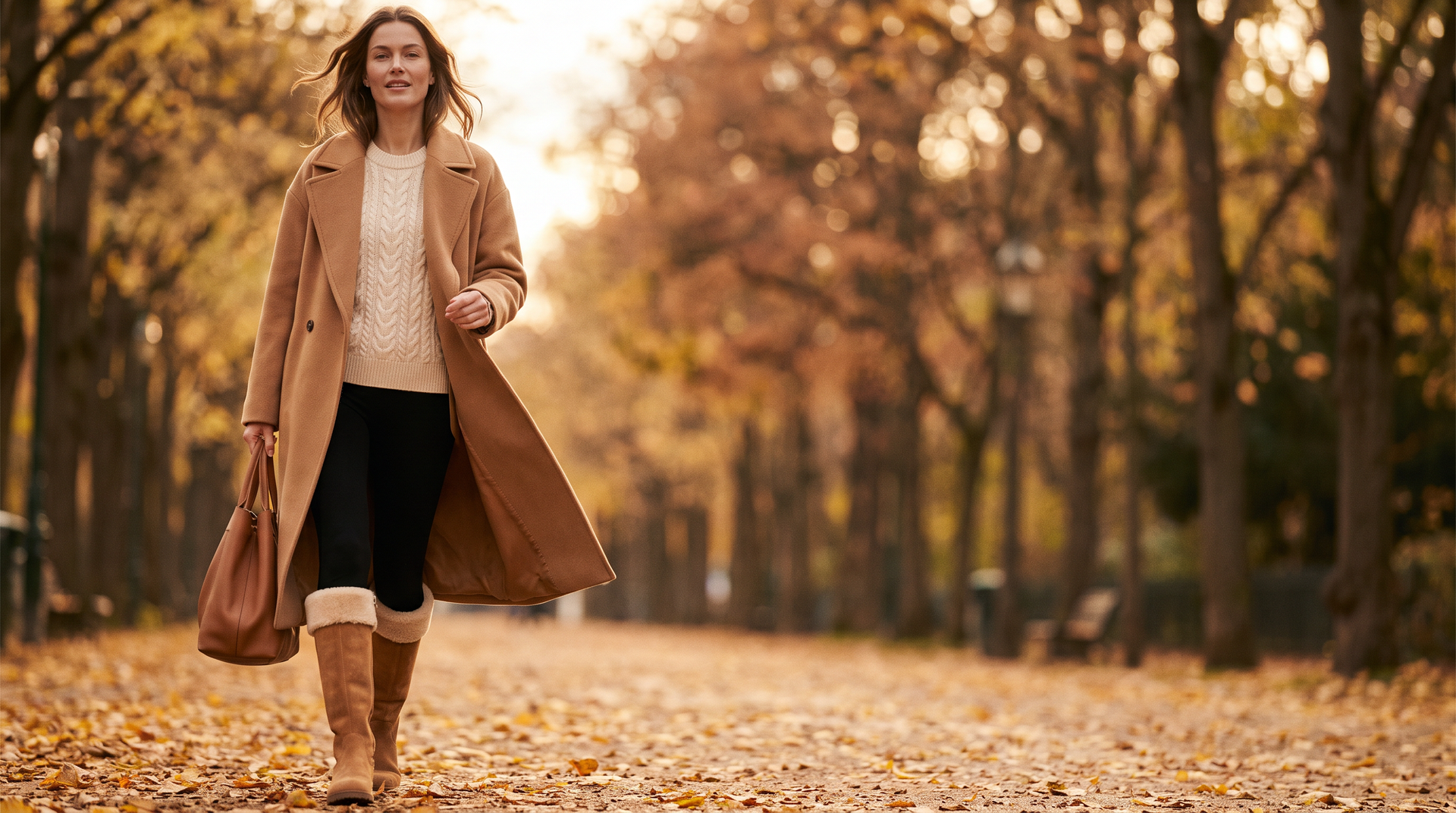 Woman in a camel wool coat, cream cable-knit sweater and tall tan shearling boots walking a leaf-covered autumn avenue