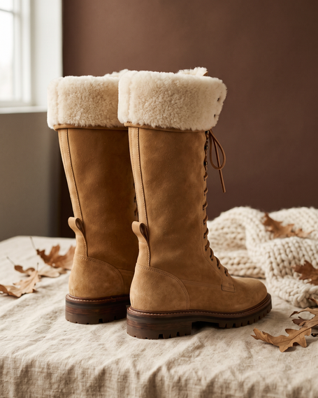 Pair of tan shearling suede boots with cream wool cuff on oat linen