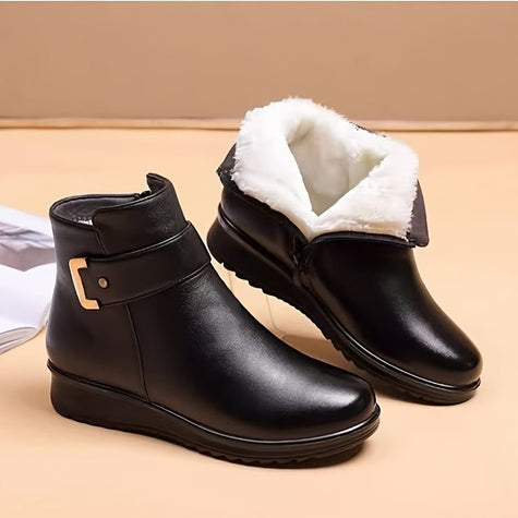 fleece lined ankle boots for women, black buckle winter booties