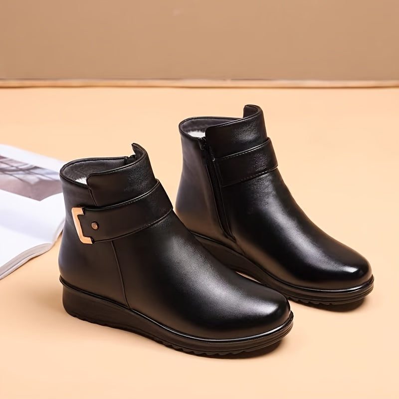 fleece lined ankle boots for women, black buckle winter booties