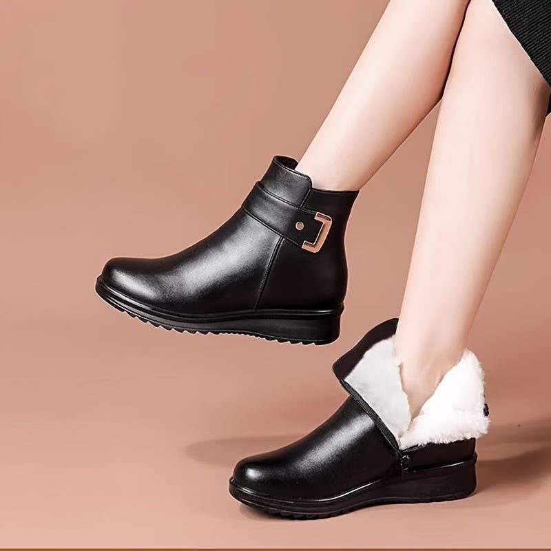 fleece lined ankle boots for women, black buckle winter booties