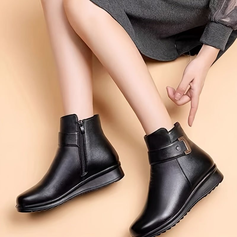 fleece lined ankle boots for women, black buckle winter booties