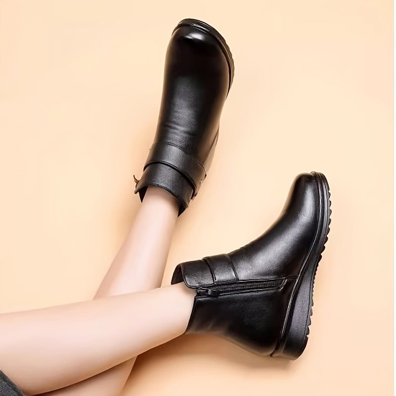 fleece lined ankle boots for women, black buckle winter booties