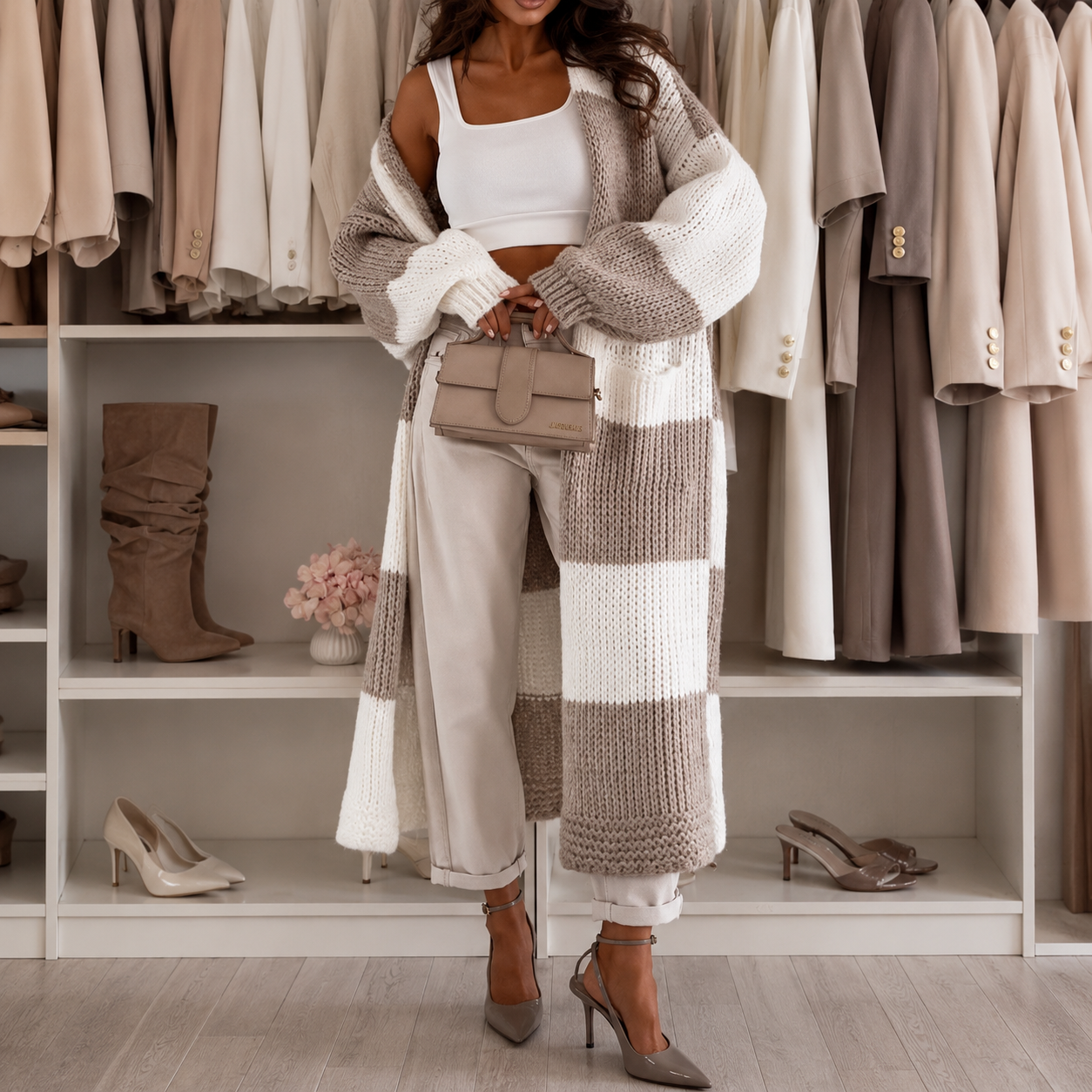 Women's Checkerboard Knit Cardigan, Oversized Longline with Pockets