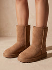 sherpa lined winter boots for women, faux suede mid calf