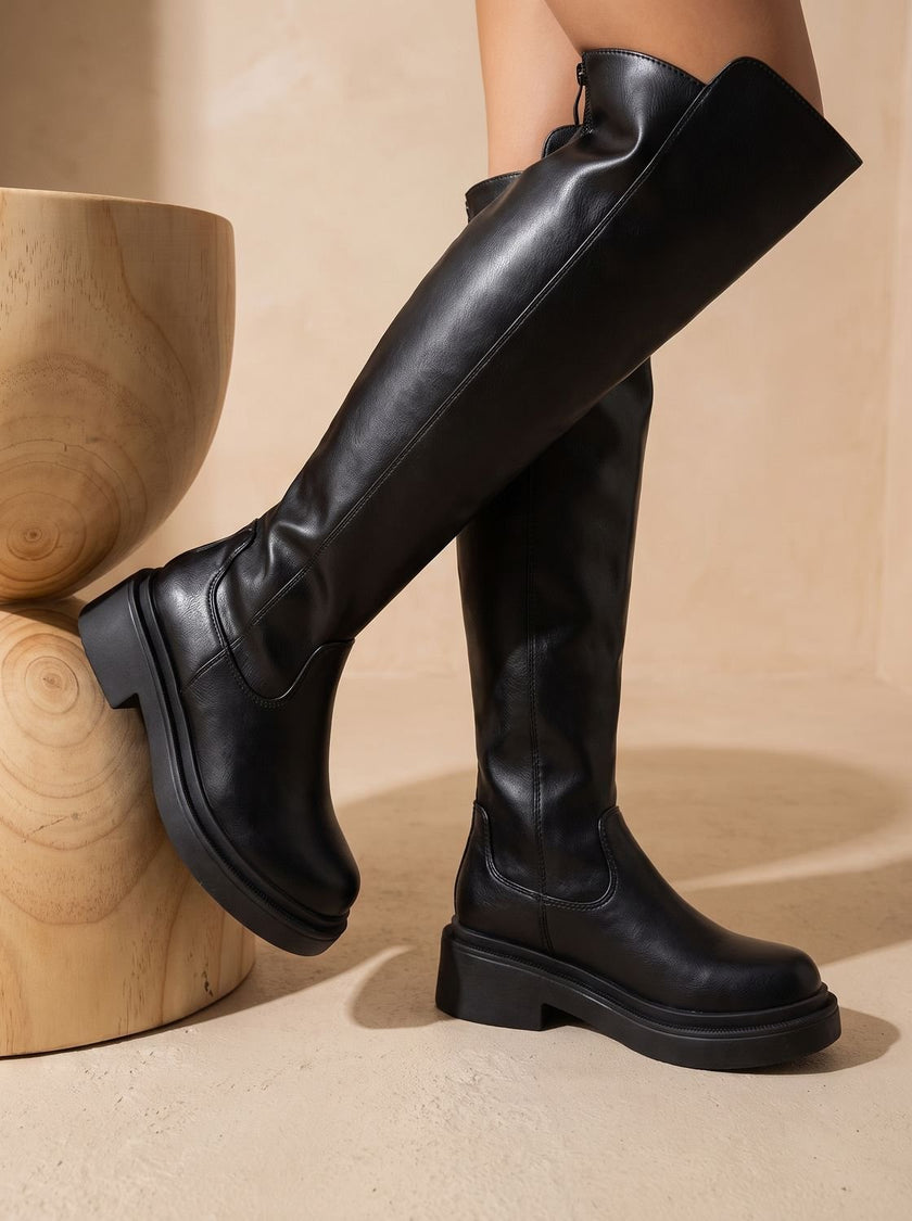 Women's Over the Knee Boots, Flat Side-Zip Stretch Boots