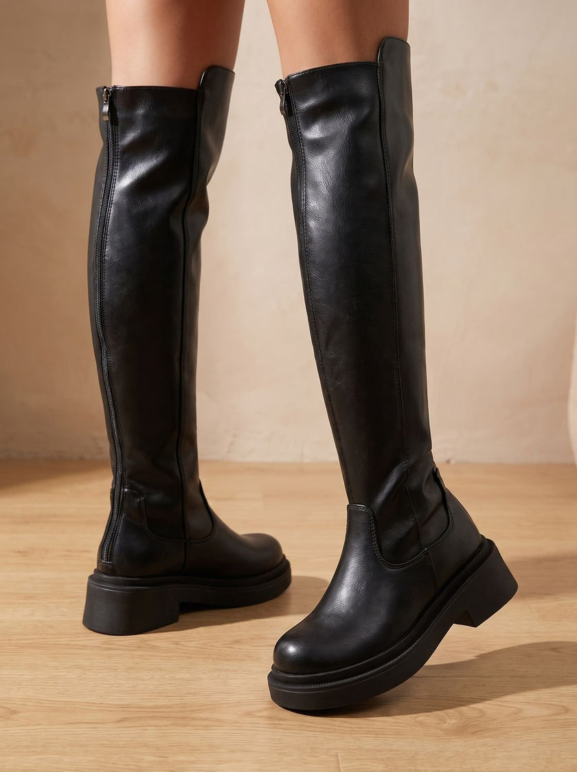 Women's Over the Knee Boots, Flat Side-Zip Stretch Boots