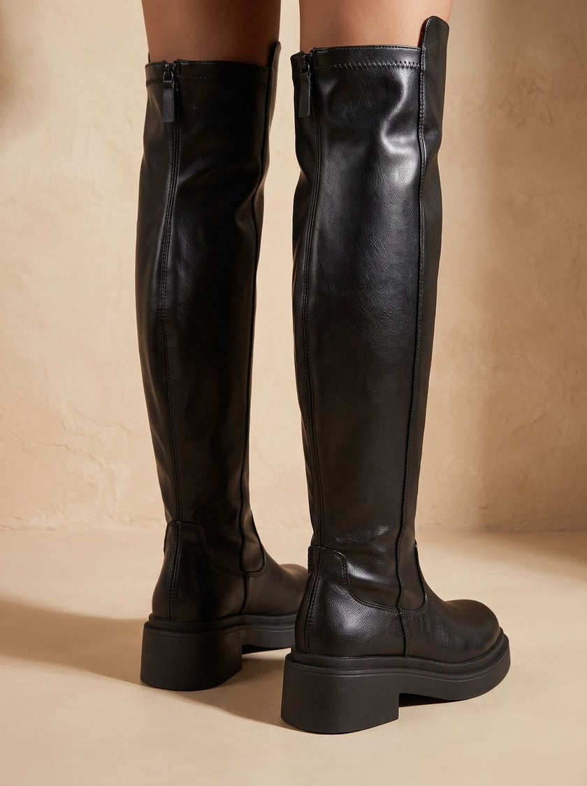Women's Over the Knee Boots, Flat Side-Zip Stretch Boots