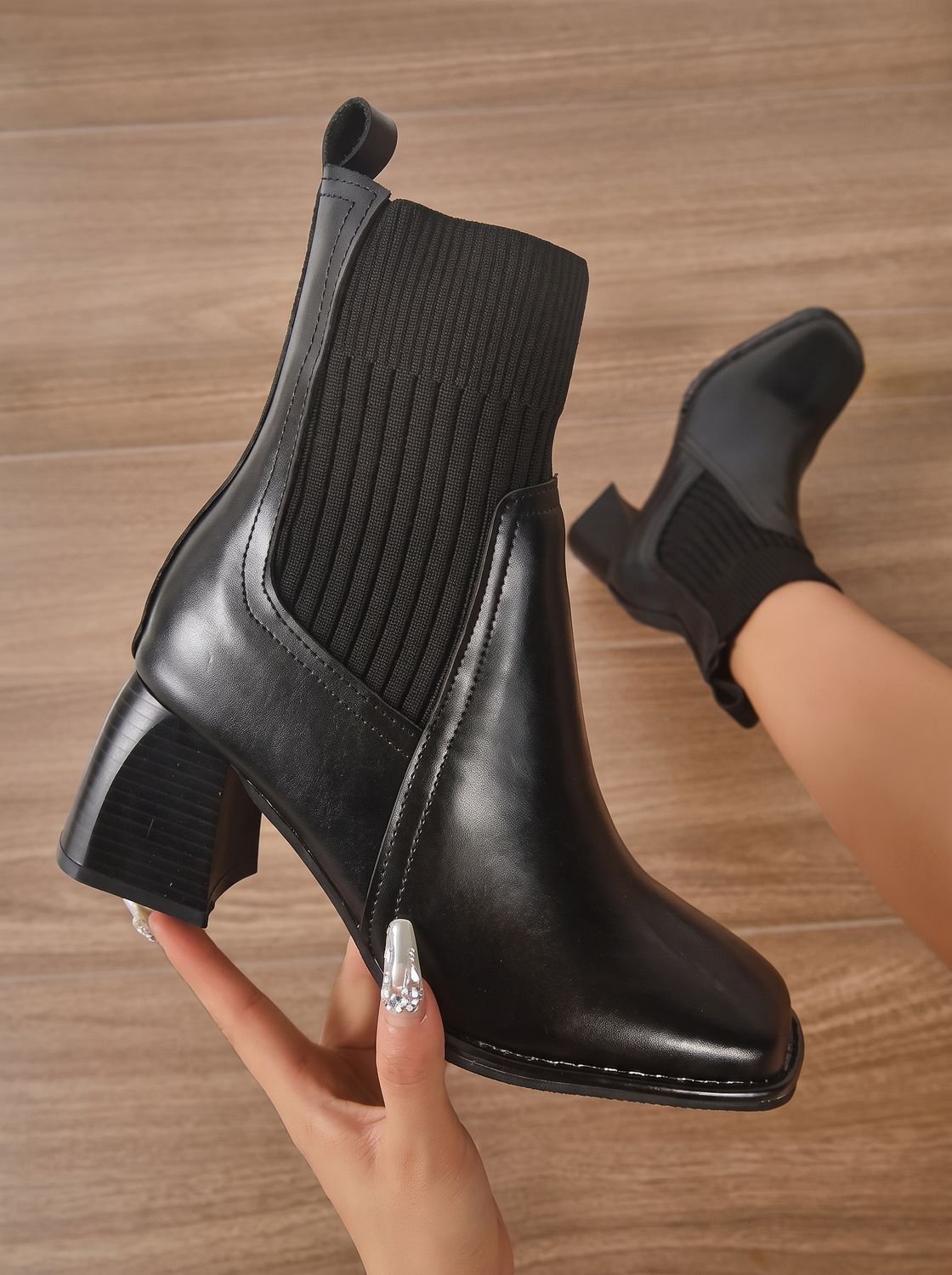 Women's Sock Boots, Knit Shaft Block Heel Slip-On Booties
