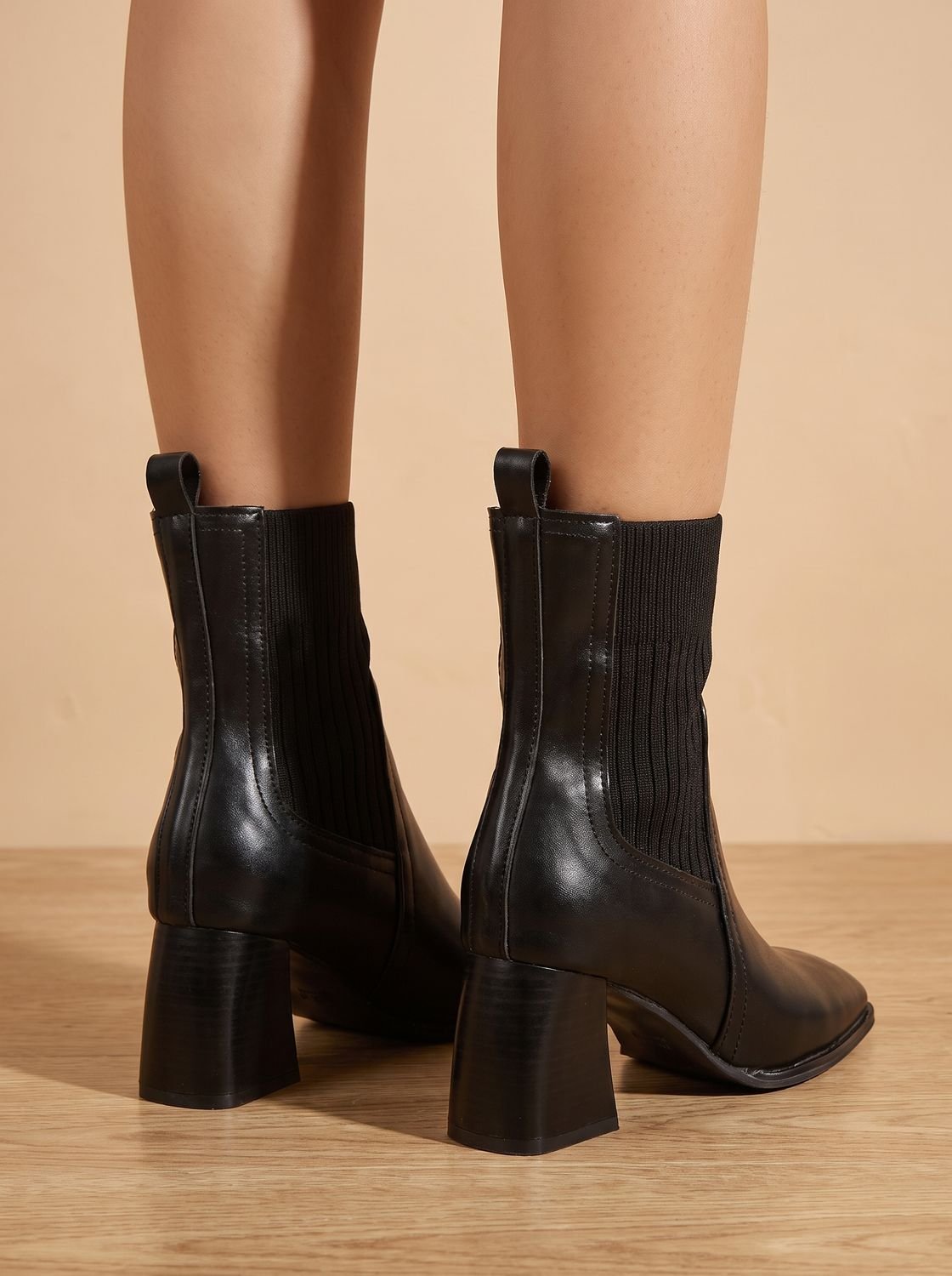 Women's Sock Boots, Knit Shaft Block Heel Slip-On Booties