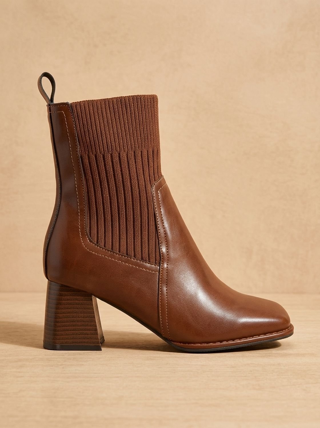 Women's Sock Boots, Knit Shaft Block Heel Slip-On Booties