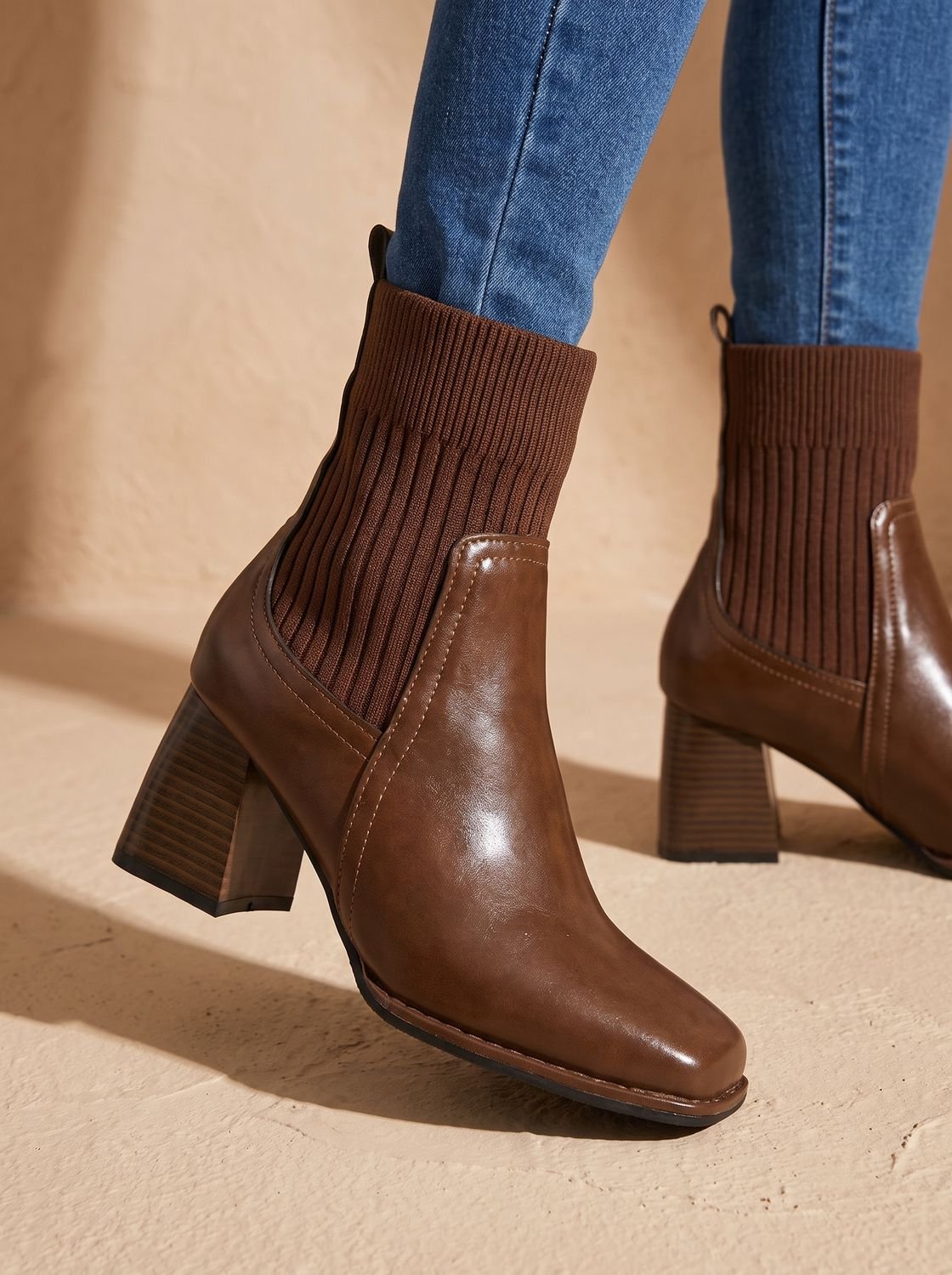 Women's Sock Boots, Knit Shaft Block Heel Slip-On Booties