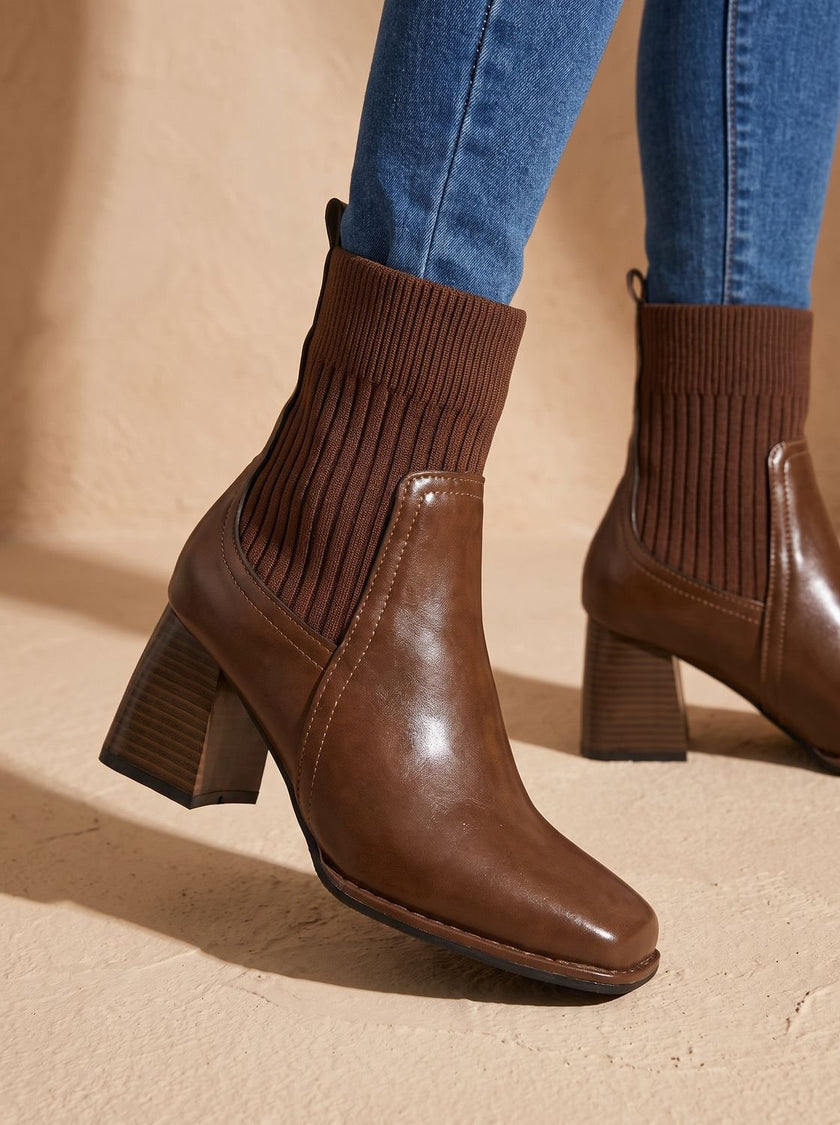 Women's Sock Boots, Knit Shaft Block Heel Slip-On Booties