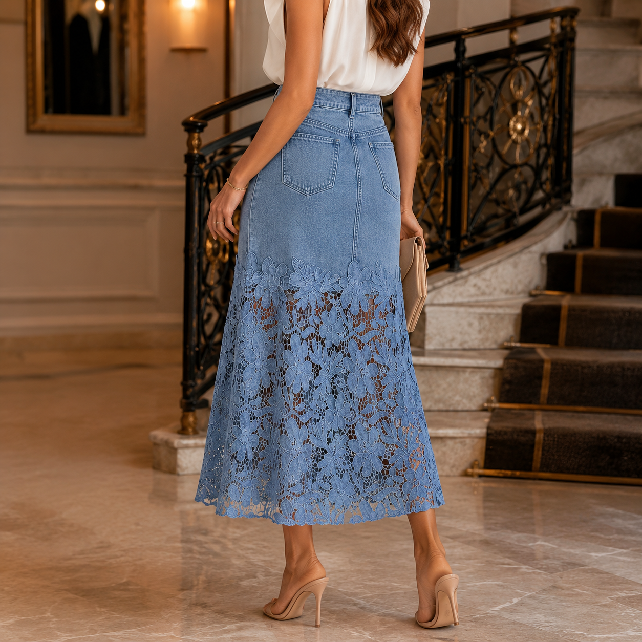 Lace Hem Denim Maxi Skirt